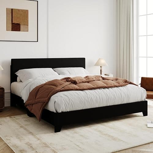 Allewie Full Size Bed Frame with Adjustable Headboard, Faux Leather Platform Bed with Wood Slats, Heavy Duty Mattress Foundation, No Box Spring Needed, Noise-Free, Easy Assembly, Black - Image 1