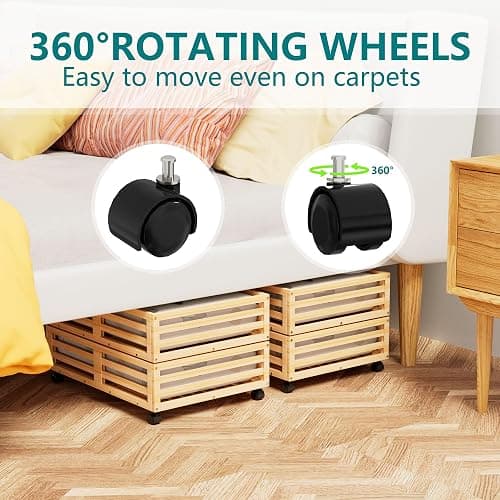 Bamboo Under Bed Storage with Wheels Rolling Underbed Drawer with Lids | 360° Lockable Wheels,120lbs Load Capacity,Multi-scene,Dustproof Storage Bag,Sturdy Wood Shoe Storage,Clothes Storage Drawers thumbnail 7