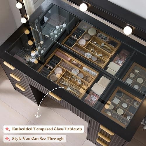 AMERLIFE 47.2" Fluted Vanity Desk with Large Mirror and Adjustable LED Lights, 7 Drawers Large Makeup Vanity Table with Glass Top and Charging Station for Women and Girls, Bedroom or Dorm, Black thumbnail 6