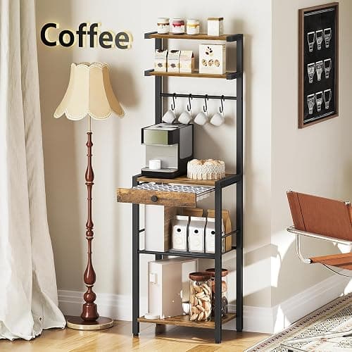 YATINEY Bakers Rack, 5-Tier Coffee Bar Station, Coffee Stand with Pod Drawer Holder, Versatile Kitchen Storage Rack with 4 Hooks, for Living Room, Cafe Corner, Rustic Brown and Black KF01BRY1 thumbnail 2