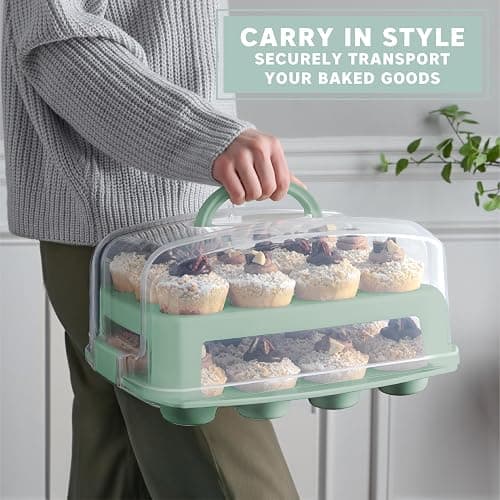 Cupcake Carrier, Green Cupcake Holder Carries 24 Count Standard-Size Cupcakes, Muffin Traveler Two Tier Stand Reusable Cupcake Box - Green - 24 Cupcake Carrier thumbnail 4