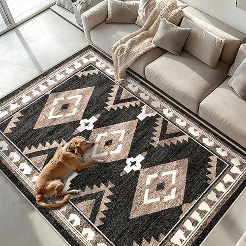 Tijuboni Western Rugs for Living Room Non Slip, Southwestern Area Rugs for Dining Room Kitchen Bedroom Nursery, Washable Rubber Backing, 4x6 Aztec Black-White-Brown - Image 1