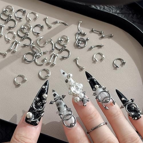 60PCS Piercing Nail Art Charms 3D Silver Alloy Goth Punk Nail Decorations Silver Gray Cone Spikes Metal Rings Alloy Rivets Jewelry for Women Goth Manicure Charm Accessories DIY Crafts Decorations - Image 1