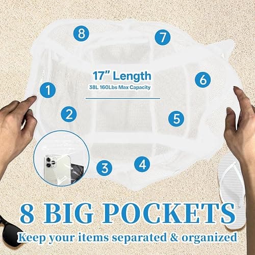 Yunaeduo Large Mesh Beach Bag - Lightweight & Foldable Family Beach Bag with 9 Pockets for Toys, Towels & Vacation Essentials thumbnail 4