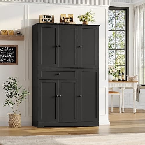 HOSTACK 68" Tall Kitchen Pantry Storage Cabinet, Modern Kitchen Hutch Cabinet with Doors and Shelves, Freestanding Food Pantry with Large Storage Drawer for Dining Room, Living Room, Black thumbnail 4