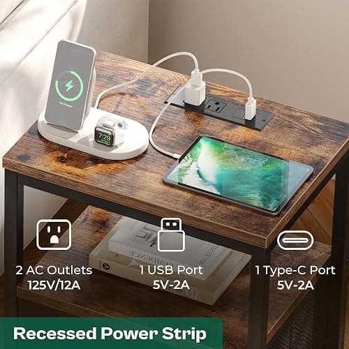 Huuger Nightstand with Charging Station, Side Table with Fabric Drawers, End Table with Open Shelf, Bedside Table with USB Ports and Outlets, Night Stand for Bedroom, Rustic Brown and Black thumbnail 3