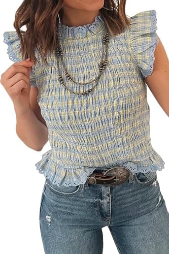 Apvirdy Women's Cute Gingham Smocked Tops Ruffle Sleeve Lace Trim Tank Top Frilled Mock Neck Shirred Slim Fit Crop Tank Tops - Image 1