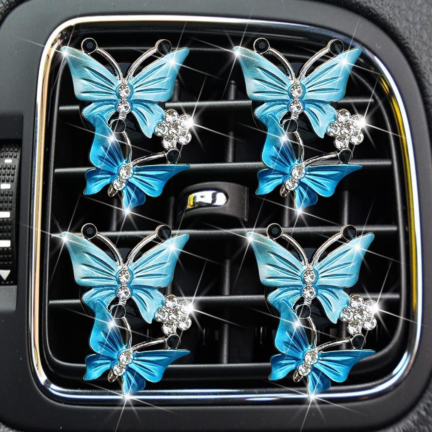 4 Pcs Butterfly Air Vent Clips, Car Vent Clips Dual Butterfly Air Vent Freshener Clip Decoration, Car Interior Decor Bling Cute Accessories Car Decoration for Women + Sunflower Mask Hook (Blue, 4) thumbnail 2