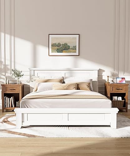 Decofy Farmhouse Nightstand with Charging Station, Walnut | AC Outlets, USB And Type C Ports, Drawer Storage, Open Shelf, Modern End Table For Bedrooms and Living Rooms thumbnail 2