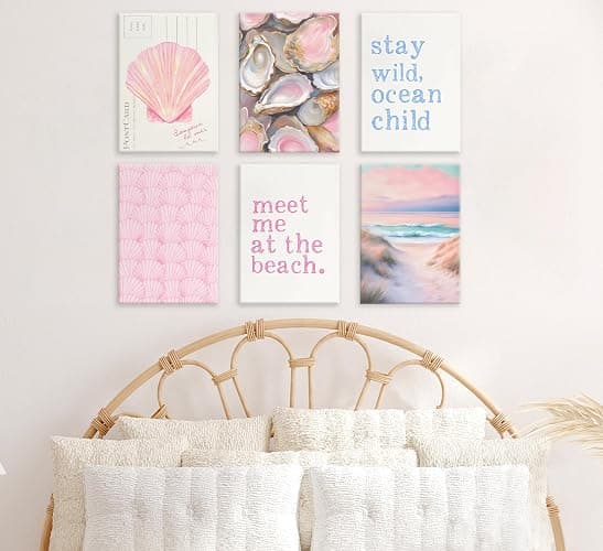 Pink Beach Preppy Canvas Wall art Coastal Granddaughter Aesthetic Room Painting Picture Wall Decor Shells Oyster Poster Print Artwork for Girls Room Girls Dorm Home Decoration - Image 1