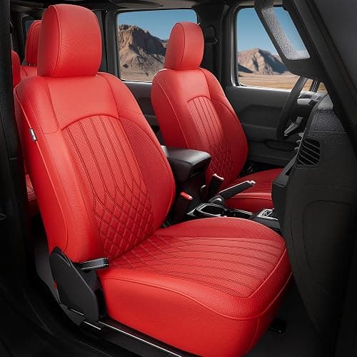 FEINEPRO for Jeep Wrangler Seat Covers 4 Door JL 2026 2025 2024 2023 2022 2021 2020 2019 2018 Custom Seat Cover Full Set Faux Leather Without Rear Cup Holder - Red - Image 1