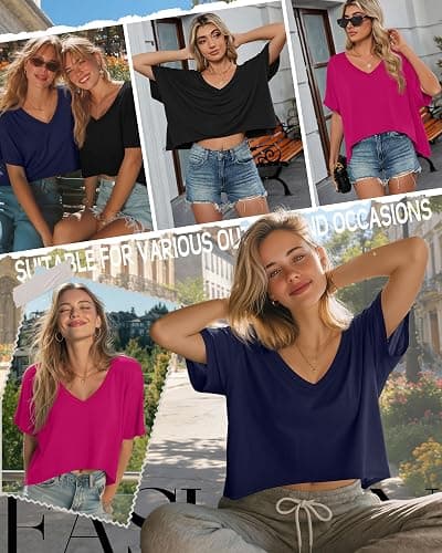 Huukeay 3 Pack Oversized T Shirts for Women Short Sleeve Crop Tops V Neck Irregular Hem Baggy Cropped Tees thumbnail 6