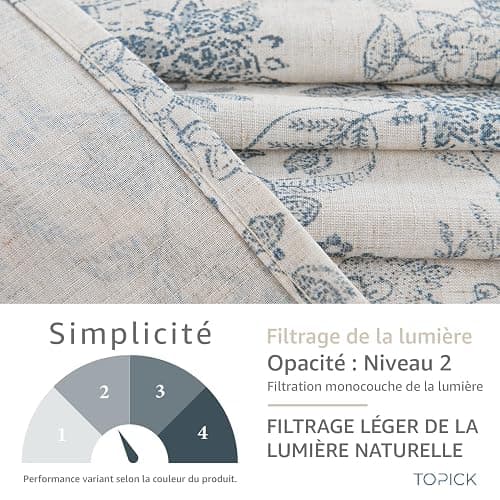 TOPICK Rideaux Cuisine Court Brise Bise Placard Fleuris Bleu 65L X 60H cm, 2 Panneaux de Brise-Bise Translucide en Effet Lin Style Pastoral Anglais à Passe Tringle, Moderne pour Fenêtre sous Evier thumbnail 4