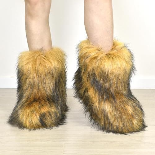 qenqenr Fashion Fur Boots,Flat Heel Comfy Plush Warm Snow Booties,2025 Winter Outdoors Furry Boots,Mid-Calf Faux fur Boot for Women. thumbnail 3