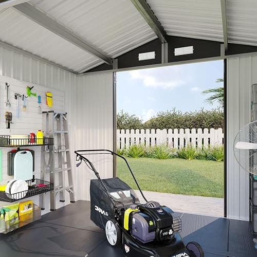 Aoxun 7.4x5.3FT Shed with Floor Galvanized Steel Outdoor Storage Shed Metal Garden Shed with Double Doors, 15mm Moisture-Proof Floor & Ventilation, Sloped Roof for Bike/Generator/Tool Storage (Brown) thumbnail 4