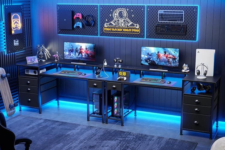 Furologee 60" Black Computer Desk with 4 Drawers and Printer Space, Gaming Desk with LED Lights and USB Power Outlets, Home Office Desk with Fabric File Cabinet,Study Work Table with Shelf for Bedroom thumbnail 9
