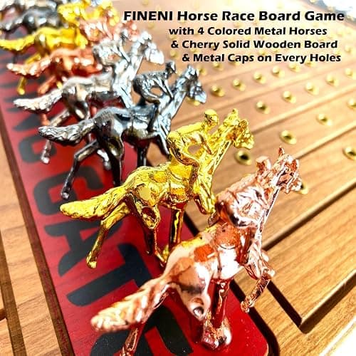 FINENI Horse Racing Game for Adults, Horse Race Board Game with 11 Luxurious Metal Horses (Gold, Silver, Black, Rose Gold), 22” Cherry Wood Horse Race Game Board, Dice & RoseGoldCard Included (Cherry) thumbnail 5