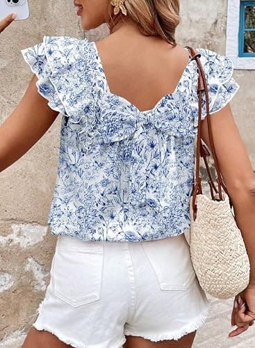 Falechay Womens Bow Tie Back Tops Round Neck Ruffle Short Sleeve Shirts Cute Babydoll Chiffon Tee Women Summer Trendy Tunic thumbnail 4