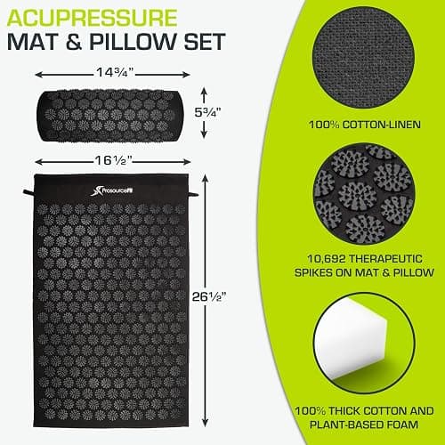 ProsourceFit Acupressure Mat and Pillow Set for Back/Neck Pain Relief and Muscle Relaxation, Large - Black/Black thumbnail 2