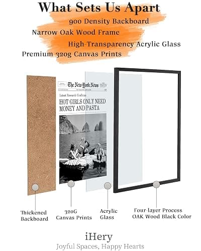 iHery 12x16in Natural Black OAK Wood Trendy Newspaper Framed Wall Art, Modern Hot Girls Only Need Money And Pasta Canvas Wall Decor For Girly Dorm Bedroom Living Room 1Pack thumbnail 3
