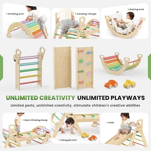 BlueWood Pikler Triangle Set with Cushion - Climbing Toys for Toddlers 9-in-1, Montessori Philosophy Play Jungle Gym with Arch, Ramp, Ladder (Rainbow) thumbnail 4