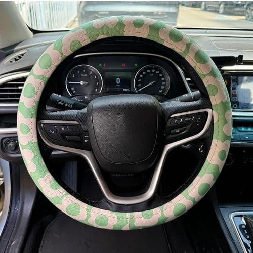 Vintage Groovy Flowers Car Leather Steering Wheel Cover - 15-inch Universal Microfiber- Soft & Breathable & Silicone Anti Slip Auto Steering Wheel Wrap for Women (Sage Green) thumbnail 2