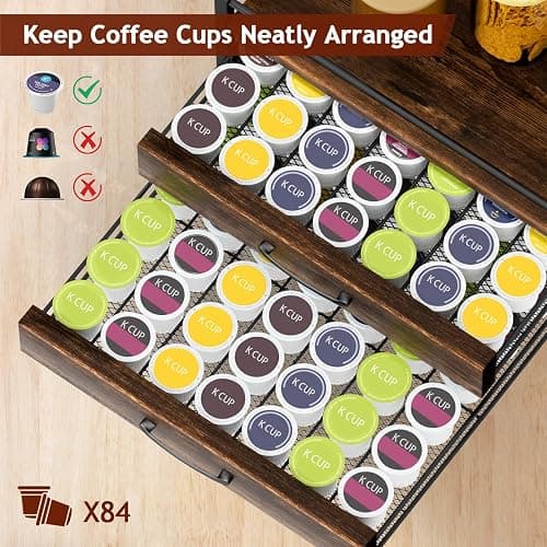 Homsorout Coffee Syrup Rack Organizer - 4-Tier 8 Syrup Wine Bottles Stand with 82 Storage Drawer for K Cups, Coffee Pod Holder for Countertop, Bar Station, Kitchen, Rustic Brown thumbnail 4