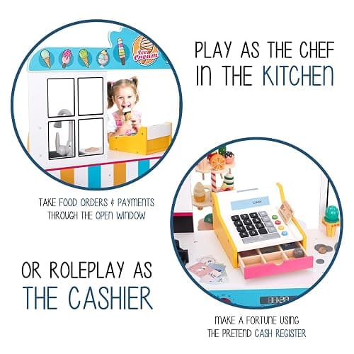 Lil' Jumbl Wooden Ice Cream Parlor Playset, Interactive Diner Set, Ages 3+ | Lets kids run a pretend dessert shop with cash register, freezer, sink, and menu boards for imaginative fun. thumbnail 7