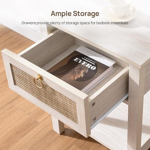 SICOTAS White Nightstand Set of 2,Rattan Decor Drawer with Brass Knobs Night Stand Bedside Table Boho End Tables Side Tables with Storage Shelf for Bedroom,Small Space thumbnail 6
