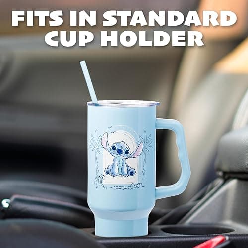 Silver Buffalo Disney Lilo and Stitch, Stainless Steel Tumbler, 40oz | Ocean Design, Tropical, Double Walled, Handle, Straw, Fits in Standard Cup Holder, Minimalistic, 1.18 Liters thumbnail 5