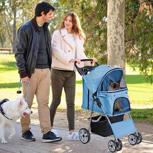 ZENY Foldable Pet Stroller, Cat/Dog Stroller with 4 Wheel, Pet Travel Carrier Strolling Cart with Storage Basket, Cup Holder (Blue) thumbnail 2