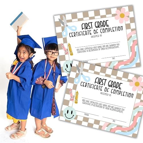 1st Grade First Graduation Certificate of Completion Award 30pk 8.5x11” End of Year Hand Out Tan Neutral Checkered Modern 90’s Smiley Faces Friendship Bracelets thumbnail 5