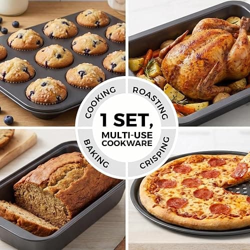PERLLI Non-Stick 8-Piece Bakeware Set – Carbon Steel with Even Heat Distribution, Oven Safe to 446°F, BPA-Free, Dishwasher Safe, Stackable Baking Tools for Easy Storage and Everyday Cooking - Gray thumbnail 6