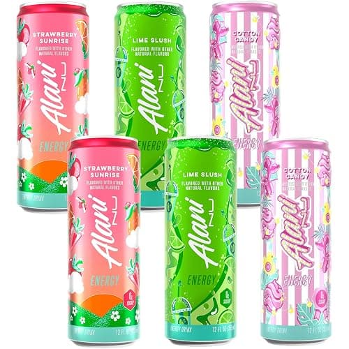 Alani Energy Drinks, Cotton Candy, Lime Slush, Strawberry Sunrise Flavors - Variety Pack, Sugar-Free, Low-Calorie, 12 fl oz (Pack of 6) Repackaged* - Image 1
