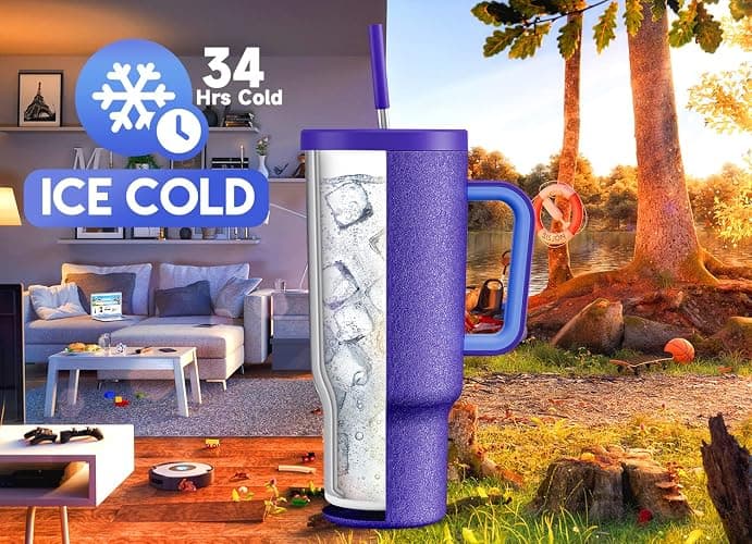 Meoky 40oz Tumbler with Handle, Leak-proof Lid and Straw, Insulated Coffee Mug Stainless Steel Travel Mug, Keeps Cold for 34 Hours or Hot for 10 Hours (Offshore) thumbnail 3