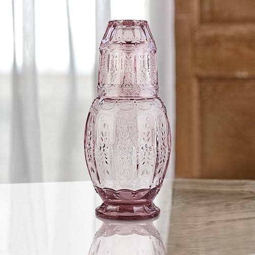 Elle Décor Vintage Bedside Water Carafe With Tumbler – Elegant Pitcher and Matching Drinking Glass Doubles As Lid For Guest Room, Office-Makes A Gift, 4.7x10.4, Pink thumbnail 2