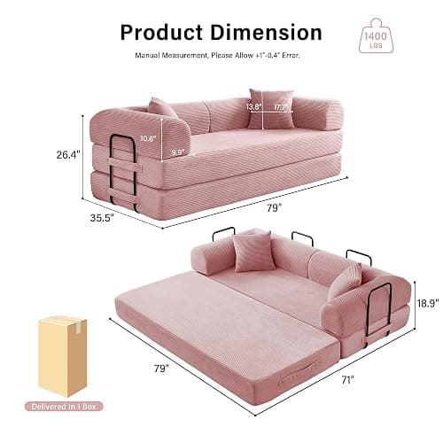 Reiboco 79" Convertible Sofa Bed, Pull Out Sleeper Couch, Corduroy Loveseat Futon for Small Apartment, No Assembly Oversized Floor Sofa, Modern Couch Bed for Living Room Guest Room (Pink) thumbnail 2