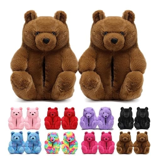 DOVORSY Women's Funny Teddy Bear Slippers,Winter Fuzzy Cute Indoor House Slippers with Cushion,Fluffy Cartoon Bedroom Shoes,Cozy Warm Birthday Valentine's Gifts for Women,Men,Ladies,Girls (Size 7-11) - Image 1