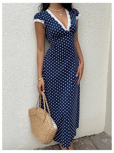 Milumia Women's Polka Dots Lace Trim V Neck Dress Short Sleeve Long Dresses | Cinched Waist, Elegant, Flowy, Sundress, Summer, Spring, Flared, Going Out, A‑Line,Church Dresses thumbnail 2
