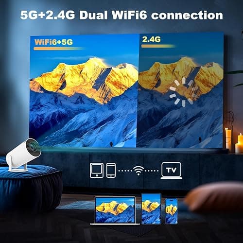 Mini Projector, HY300 PRO Portable Projector, Support 4K 1080P with Dual-Band WIFI6 5G Wireless 5.2 Bluetooth Android 13, 180° Rotatable, Auto Keystone Correction, 35"-130" Screen Video Projector thumbnail 5