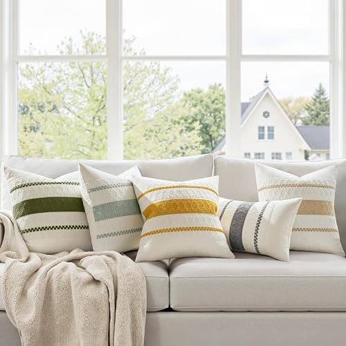 Woaboy Set of 2 Decorative Pillow Covers Boho Farmhouse Couch Throw Pillows Modern Cotton Cushion Covers Macrame Woven Spring Home Decor for Bed Sofa Chair 18x18 Inch Olive Green thumbnail 2