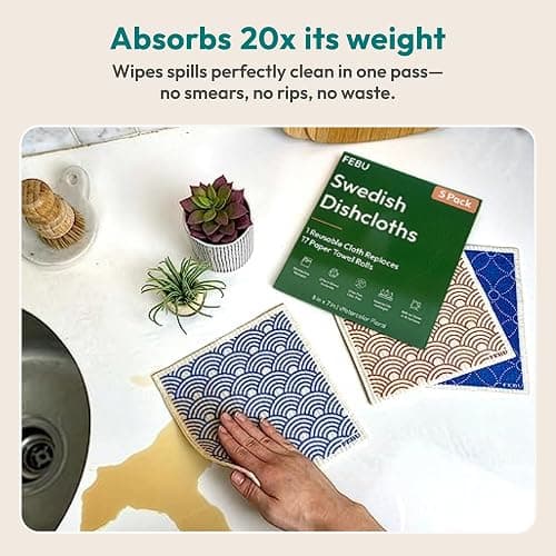 FEBU Swedish Dishcloths for Kitchen | 5 Pack Floral Reusable Paper Towels Washable | Swedish Dish Towels | Non-Scratch Cellulose Sponge Cloths | No Odor, Biodegradable Cleaning Cloths thumbnail 3