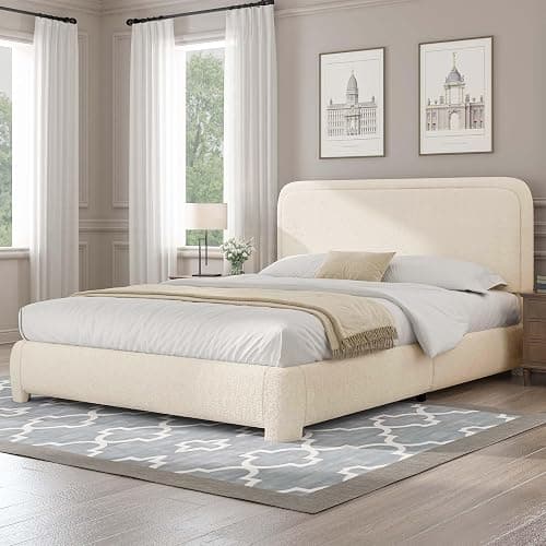 BarnFurin Queen Bed Frame with Headboard, Cloud Boucle Upholstered Platform Bed with Wood Slats, Soft Rounded Corners, No Box Spring Required, Non-Slip and Noise-Free, Easy Assembly, Cream - Image 1