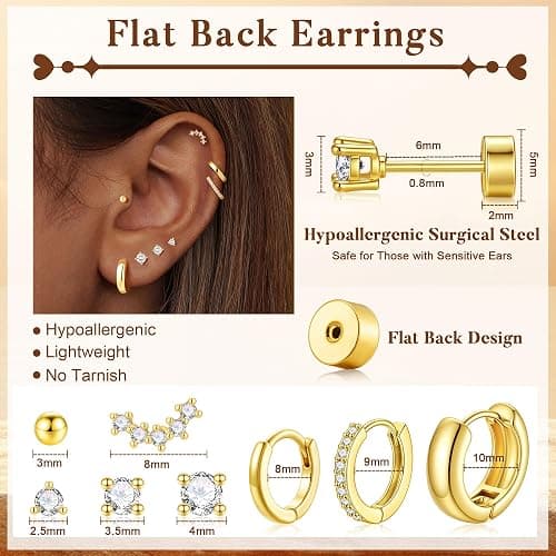 Turandoss Gold Stud Hoop Earrings for Women, Hypoallergenic 14K Gold Plated Small Huggie Hoop Earrings Flat Back Cartilage Earring Stacks Set for Multiple Piercing Gold Earrings for Women thumbnail 4