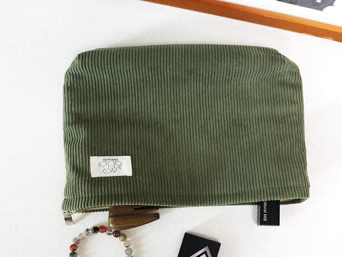HAPPYHEIDI Navy Green Corduroy Makeup Bag Cosmetic Toiletry Travel Pouch, Make Up Accessory Purse Organizer, Canvas Lined thumbnail 4