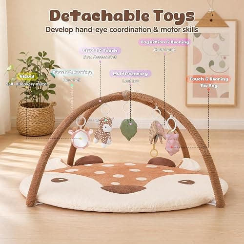 2PM SPORTS Baby Play Gym Tummy Time Play Mat with 5 Detachable Toys – Deer Theme, Machine Washable Baby Playmat for Sensory Development, Activity Mat for Newborn Infant 0-6 6-12 Months, Baby Gift thumbnail 4