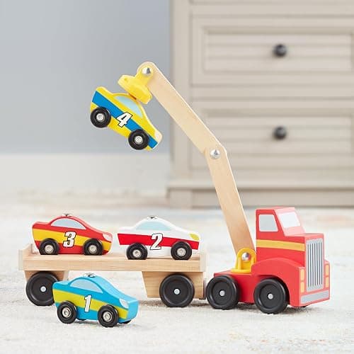 Melissa & Doug Magnetic Car Loader Wooden Toy Set with 4 Cars and 1 Semi-Trailer Truck Crane Wooden Toy, Vehicle Toys for Kids Ages 3+ thumbnail 9