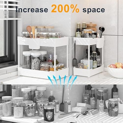 Sevenblue 2 Pack Under Sink Organizer, Under Bathroom Cabinet Organizer with Hooks Hanging Cup, Multi-Purpose Storage Shelf for Kitchen Bathroom (White, 12.8 Inch) thumbnail 3