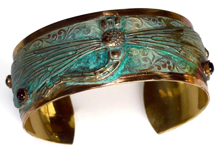 Verdigris Patina Solid Brass Decorative Dragonfly Cuff - Genuine Garnet - Image 1