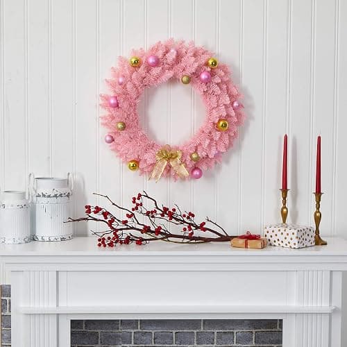 Nearly Natural 24in. Pink Artificial Christmas Wreath with 35 LED Lights and Ornaments thumbnail 6